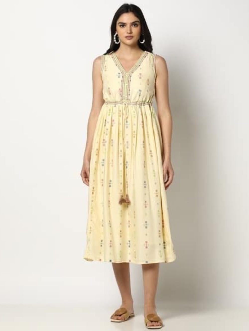 Sleeveless Yellow Floral Midi Dress with Drawstring Waist